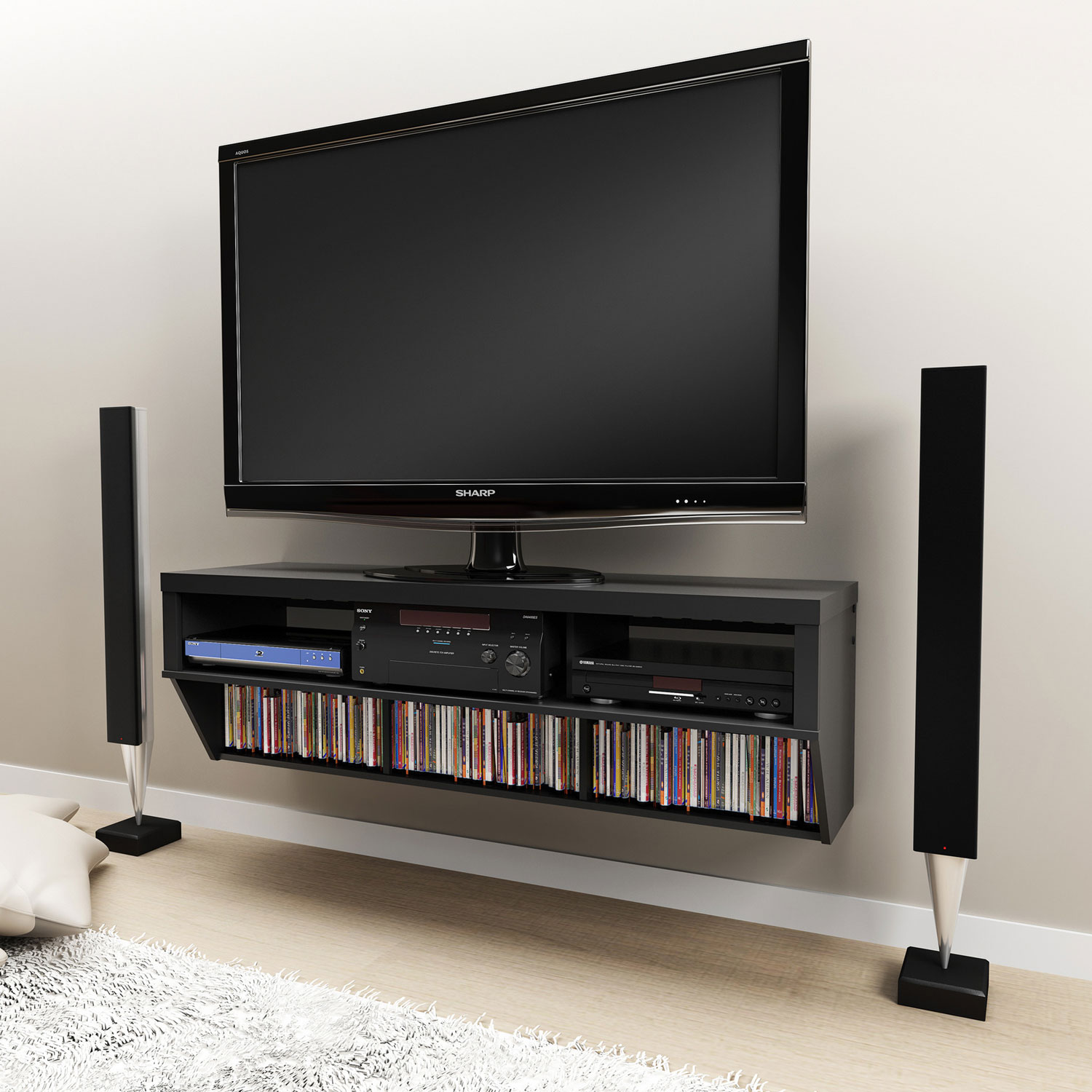Wall Mounted Entertainment Unit Cymun Designs Black 58 Wide Wall Mounted AV Console - Entertainment Center, TV Stands, Entertainment Furniture - Wall Mounted Entertainment Unit Cymun Designs