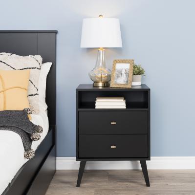 Milo Mid Century Modern 2-drawer Tall Nightstand with Open Shelf, Black