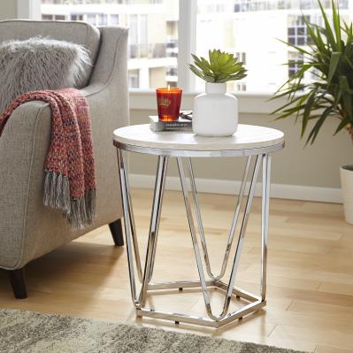 Luna Round Faux Stone End Table - Silver