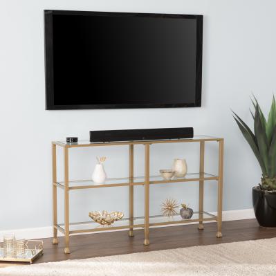 Jaymes Narrow Metal Console Table w/ Glass Shelves - Gold