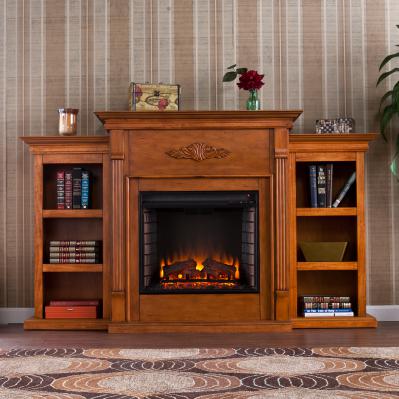 Tennyson Electric Fireplace w/ Bookcases - Glazed Pine