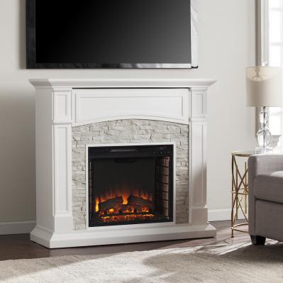 Seneca Electric Media Fireplace - White w/ White Faux Stone