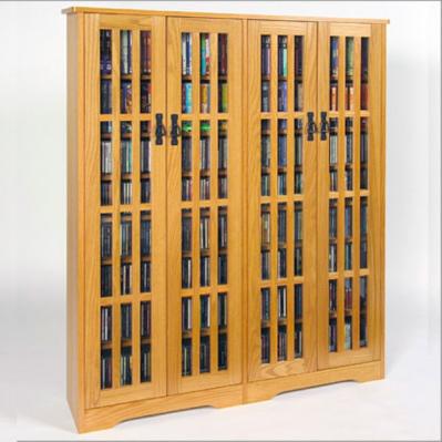 Double-Wide, Tall Mission Media Cabinet, Solid Oak Veneer, Glass Doors