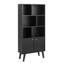 Milo Mid-Century Modern Bookcase with Six Shelves and Two Doors - Black